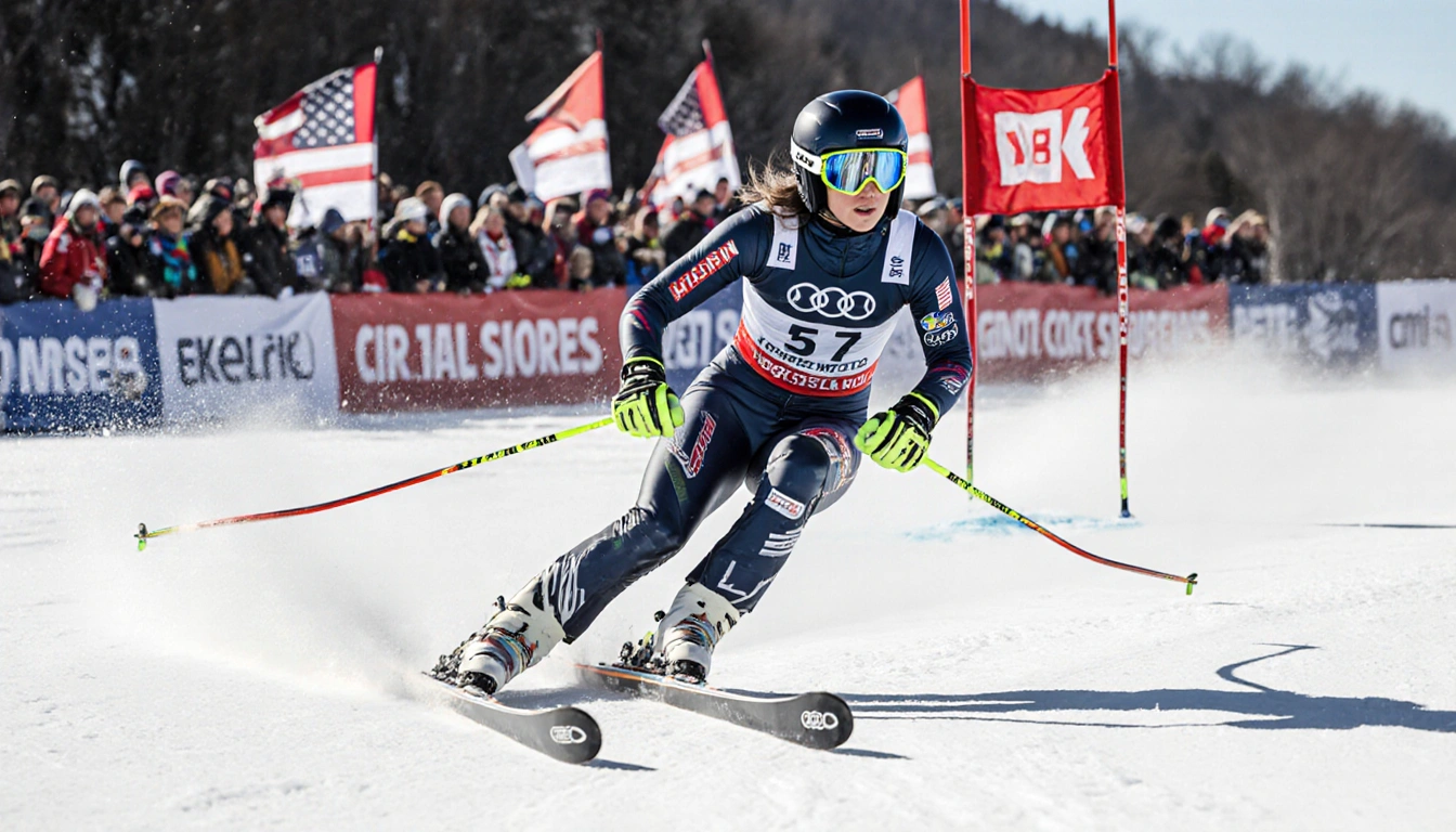 Lindsey Shiffrin skiing downhill with sharp angled skis and a determined expression while a crowd waves flags in background.