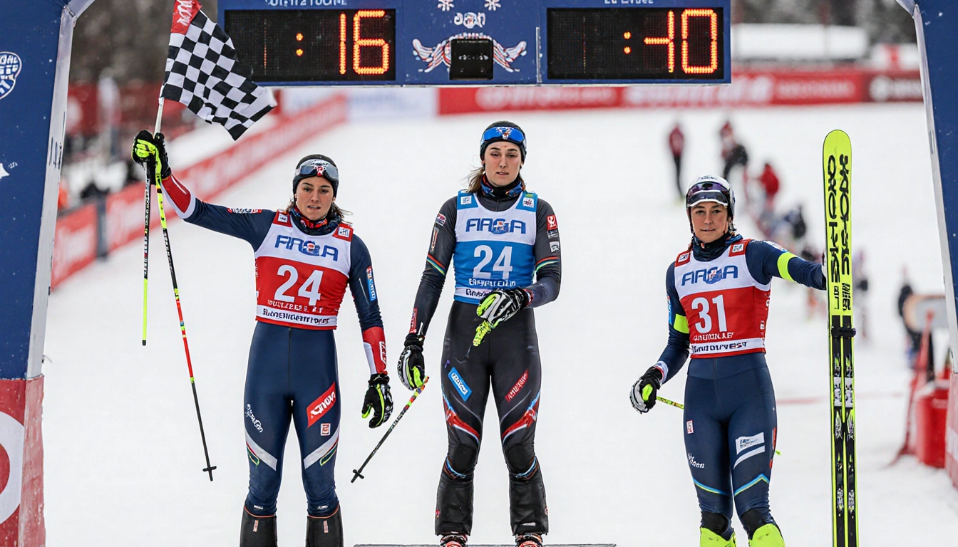 Shiffrin crossing the finish line in first place with a gold medal and checkered flag on the podium behind her.