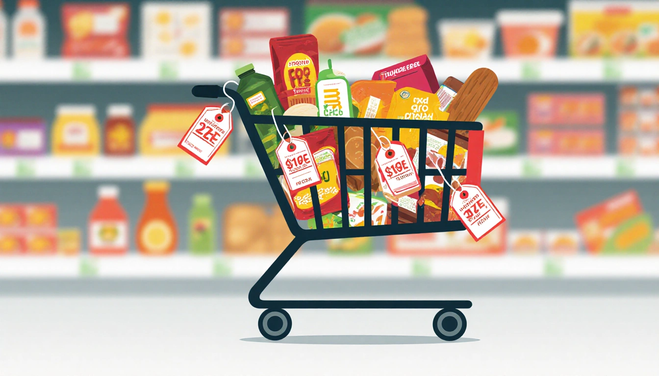 Shopping cart overflowing with food items and price tags showing price hikes against a blurred discounted shelf