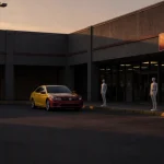 Car parked outside auto dealership with dim shopping mall and long sunset shadows