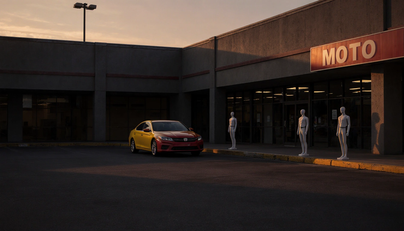 Car parked outside auto dealership with dim shopping mall and long sunset shadows