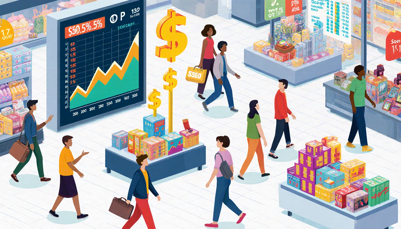 Shoppers walking through a vibrant mall with rising stock prices and dollar signs indicating economic growth