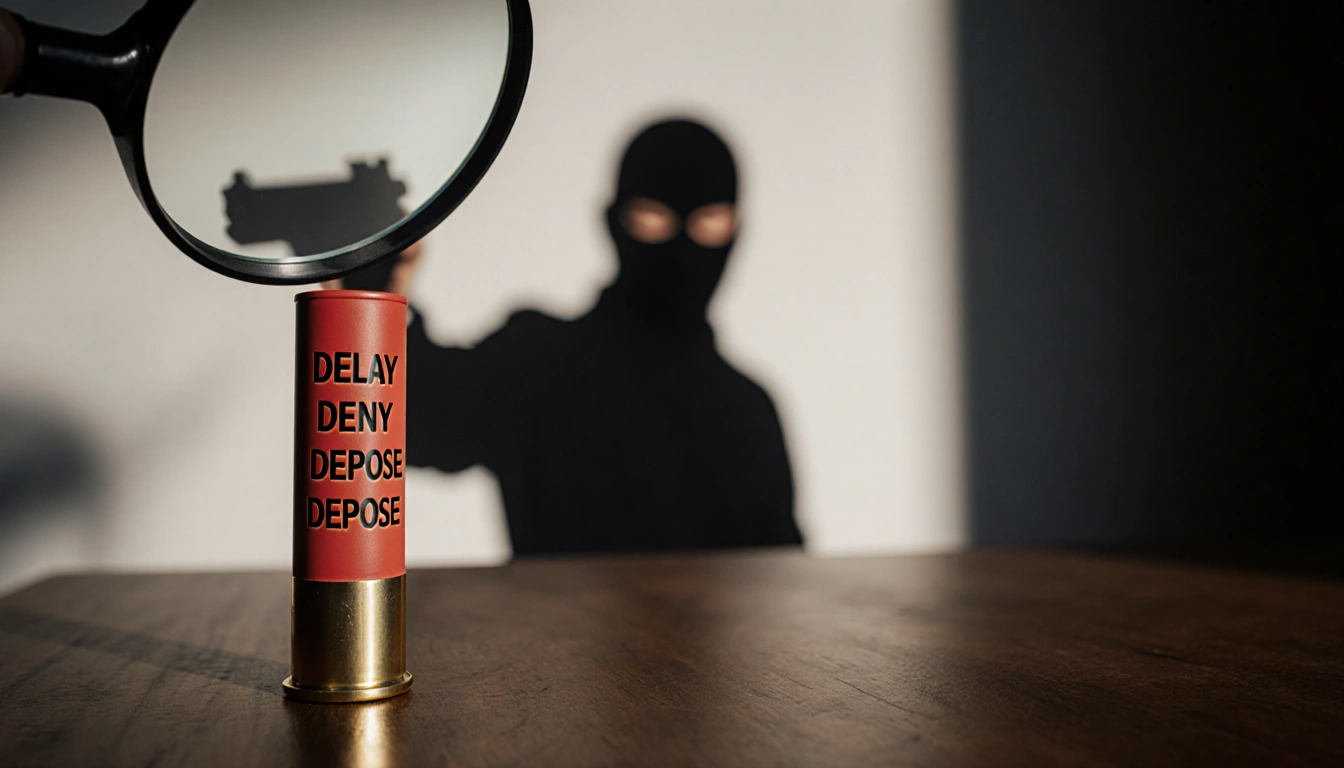 Shotgun shell under magnifying glass reveals etched delay deny depose words with gunman silhouette behind