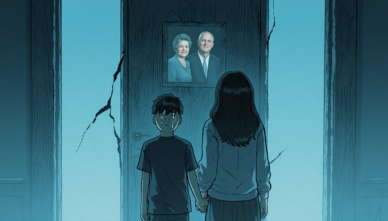 Jake and Romy holding hands with grief faces near a cracked wooden door and family portraits fading muted blue backdrop