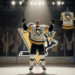 Sidney Crosby standing triumphantly holding a stick with the Penguins logo behind him and a warm glow from arena lights