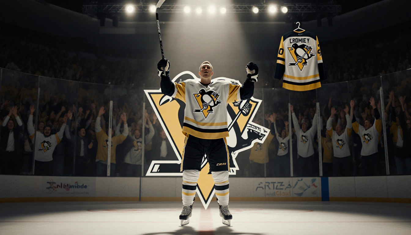 Sidney Crosby standing triumphantly holding a stick with the Penguins logo behind him and a warm glow from arena lights