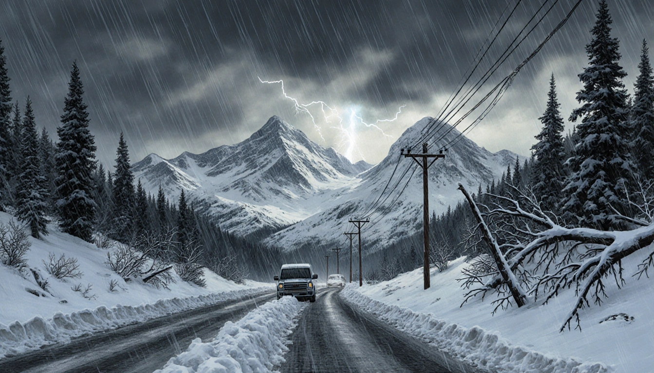 Blocked road with fresh powder and stranded vehicles against Sierra Nevada peaks