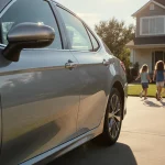 Certified silver sedan parked near a suburban home with kids playing in the yard and a sun reflecting off its side mirror.