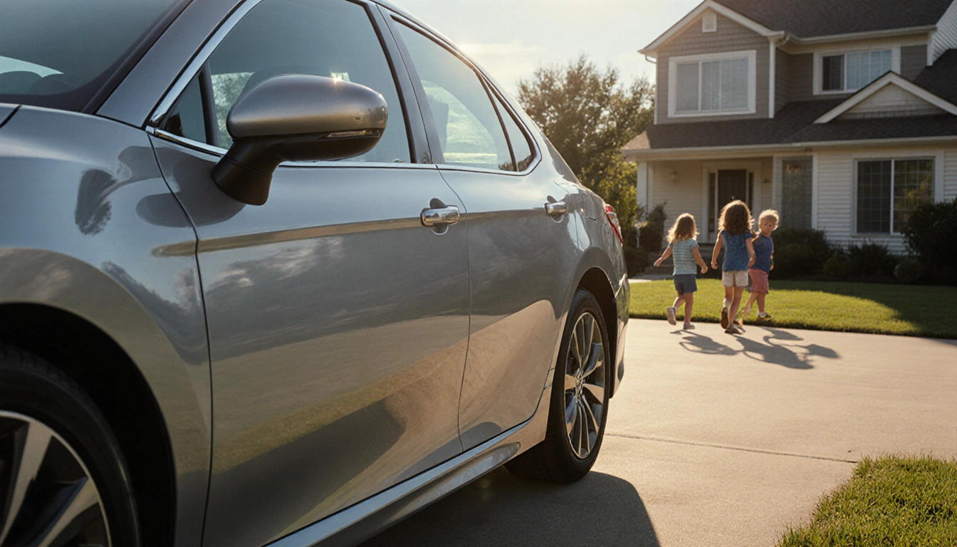 Certified silver sedan parked near a suburban home with kids playing in the yard and a sun reflecting off its side mirror.