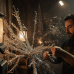 Mark Latino and workers weaving silver tinsel onto Christmas tree branches with lantern light and vintage machine in room
