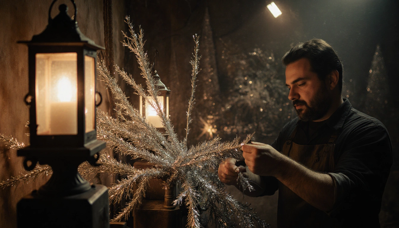 Mark Latino and workers weaving silver tinsel onto Christmas tree branches with lantern light and vintage machine in room
