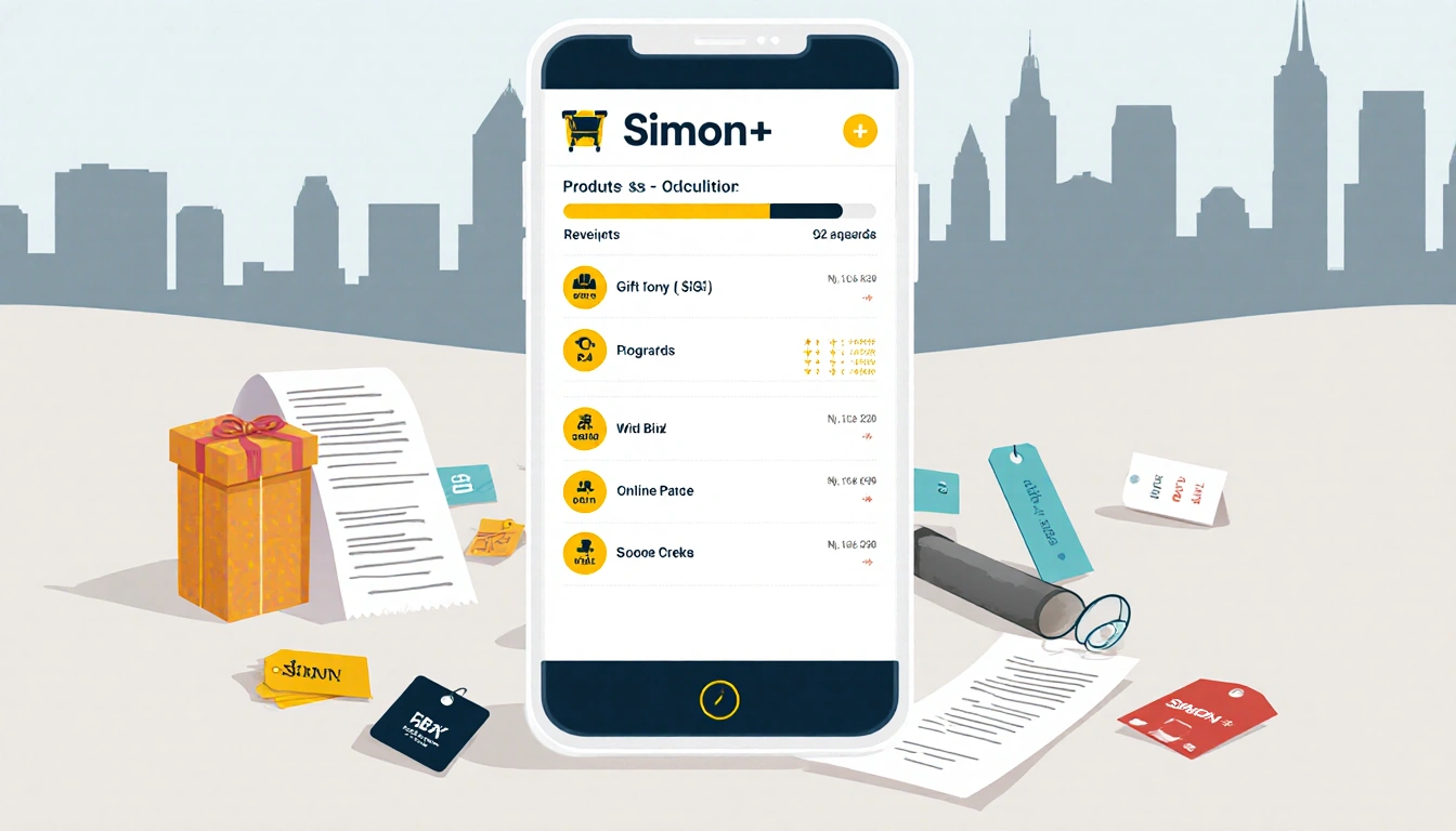 Smartphone screen displays Simon+ app progress bar with rewards and points and receipts with blurred mall silhouette