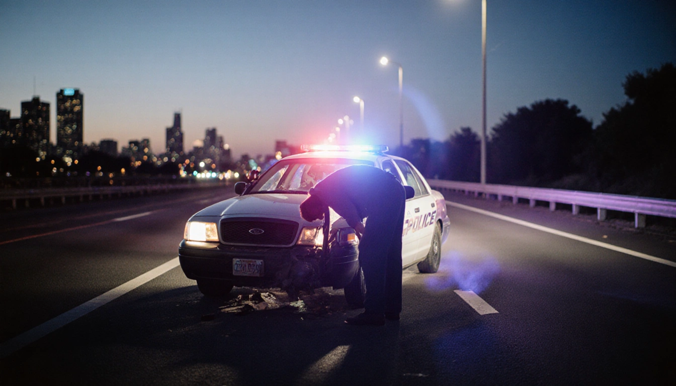 Figure slumping over steering wheel with dashboard lights glowing and police car lights flashing in background.