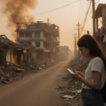 Young woman looking down at her phone with shock and grief on her face with rubble around her on a street in Sisaket province