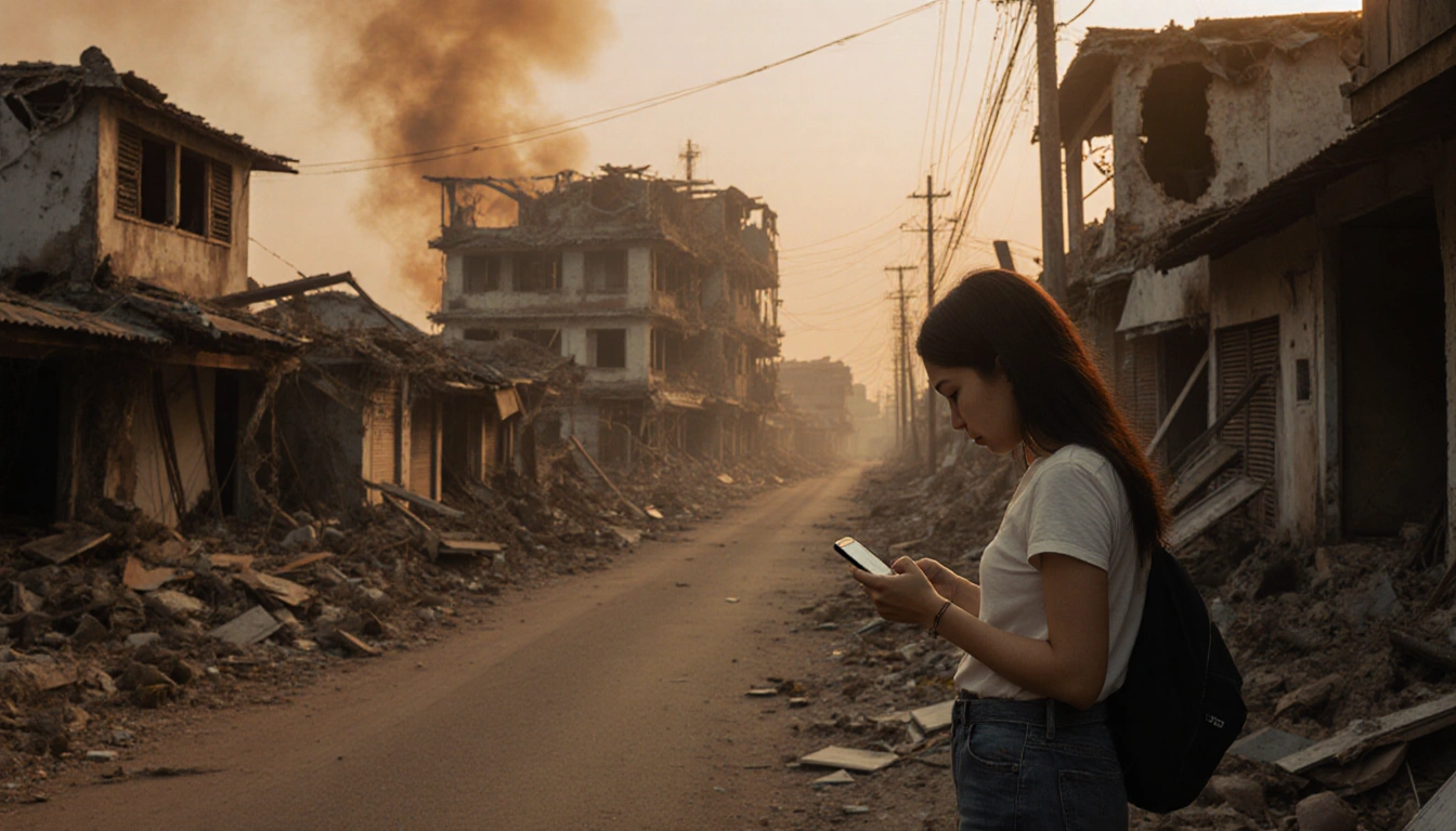 Young woman looking down at her phone with shock and grief on her face with rubble around her on a street in Sisaket province