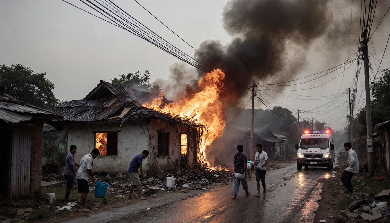 Village volunteers pouring water on house fire by rocket strike while ambulance drives away with bandaged person