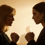 Two sisters confront each other with clenched fists and pleading hands in a warm courtroom glow.
