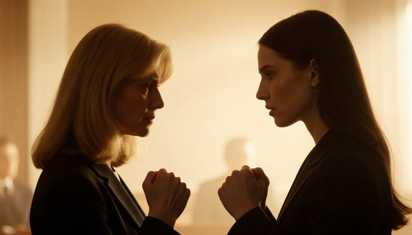 Two sisters confront each other with clenched fists and pleading hands in a warm courtroom glow.