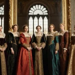Six wives standing in a row around an ornate mirror with royal costumes and the Bass Concert Hall façade through windows