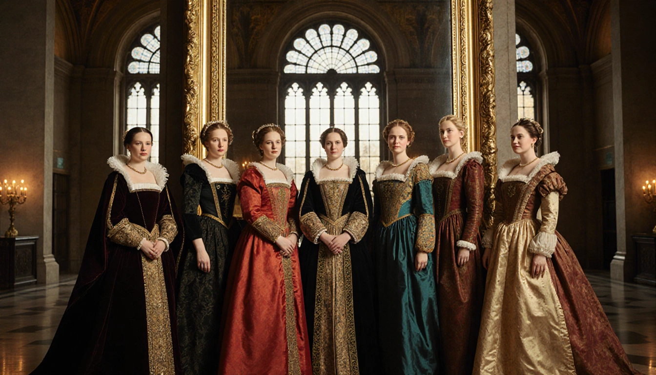 Six wives standing in a row around an ornate mirror with royal costumes and the Bass Concert Hall façade through windows