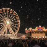 Ferris wheel spins with festive lights and snow-covered rides nearby while mariachi band plays in background