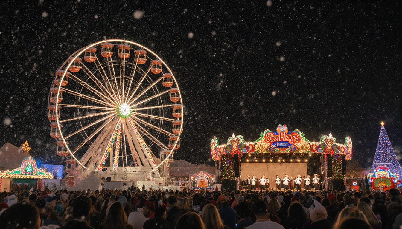 Ferris wheel spins with festive lights and snow-covered rides nearby while mariachi band plays in background