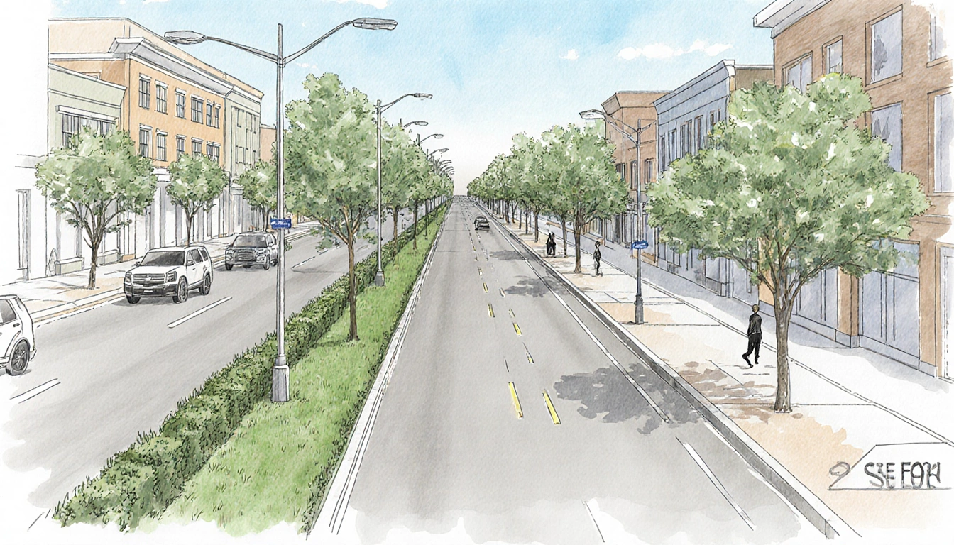 City street spans from I-35 to Brazos with a wide tree-lined median and a narrow pedestrian-friendly path with bike lanes
