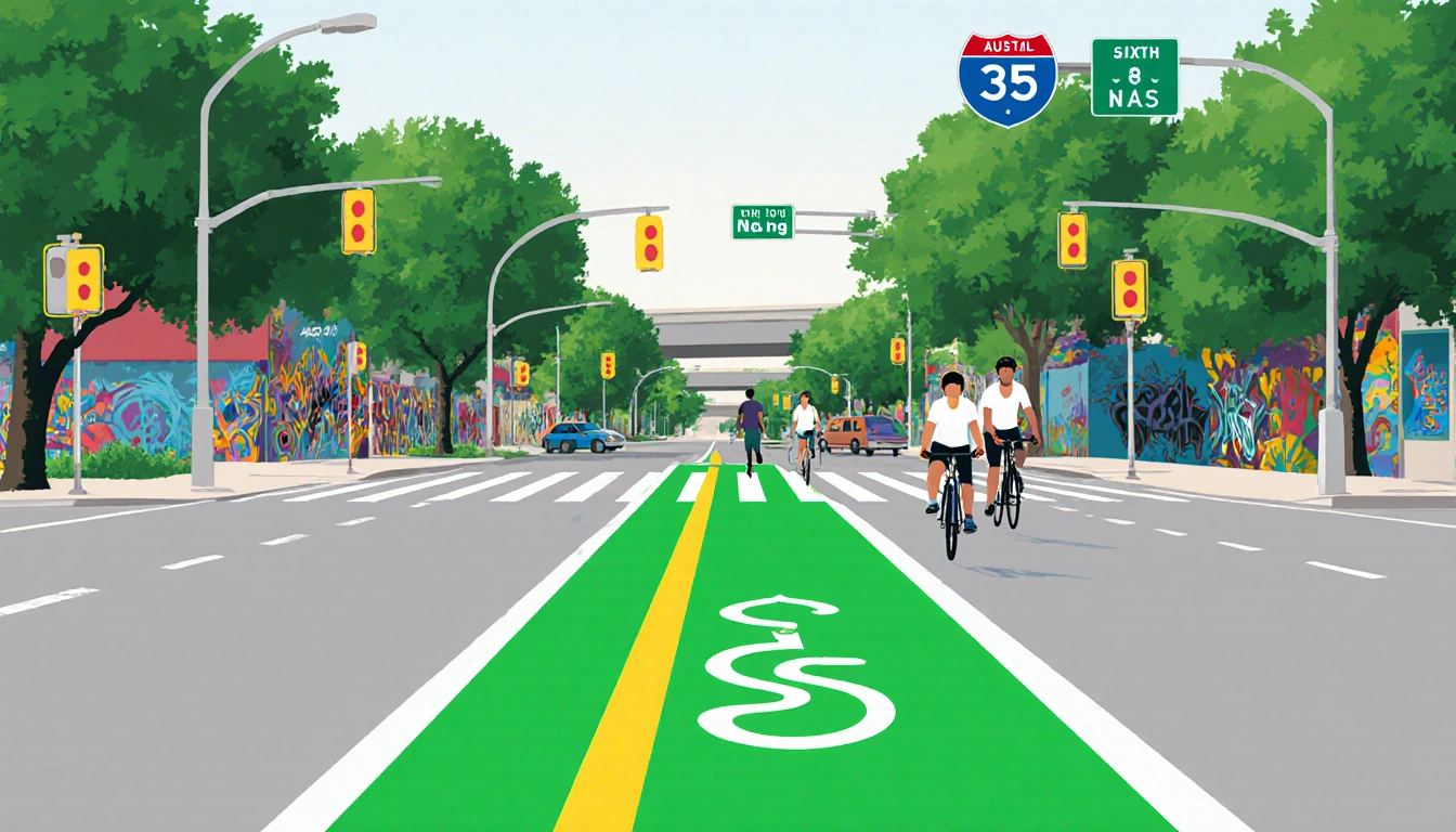 Cyclists riding on Sixth Street Austin with bright green bike lane and lush greenery beside safe pedestrian crosswalks