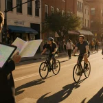 Cyclists riding alongside a pedestrian on Sixth Street with a councilor holding a tablet highlighting bike lanes and storefro