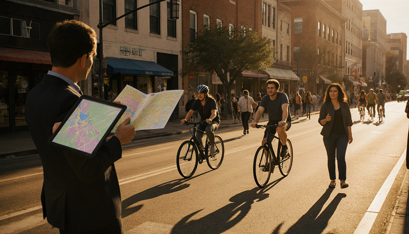 Cyclists riding alongside a pedestrian on Sixth Street with a councilor holding a tablet highlighting bike lanes and storefro