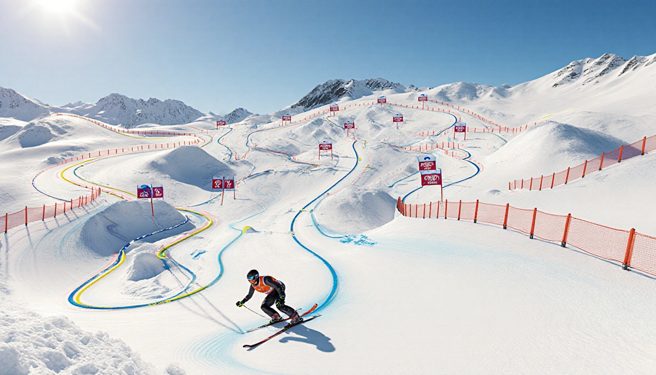 Skier navigates a winding super‑G course with blue skies and mogul obstacles