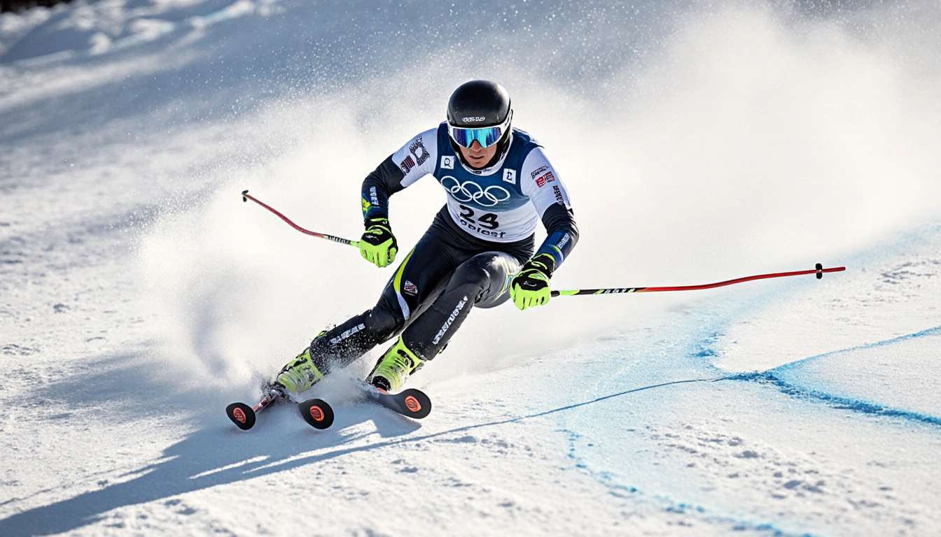 Skier turns on Semmering slope with one ski outstretched and other tucked in over uneven powder and ice patches