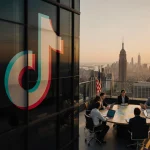 Professionals meeting on a rooftop terrace of a TikTok‑branded skyscraper with laptops and maps under dusk light.