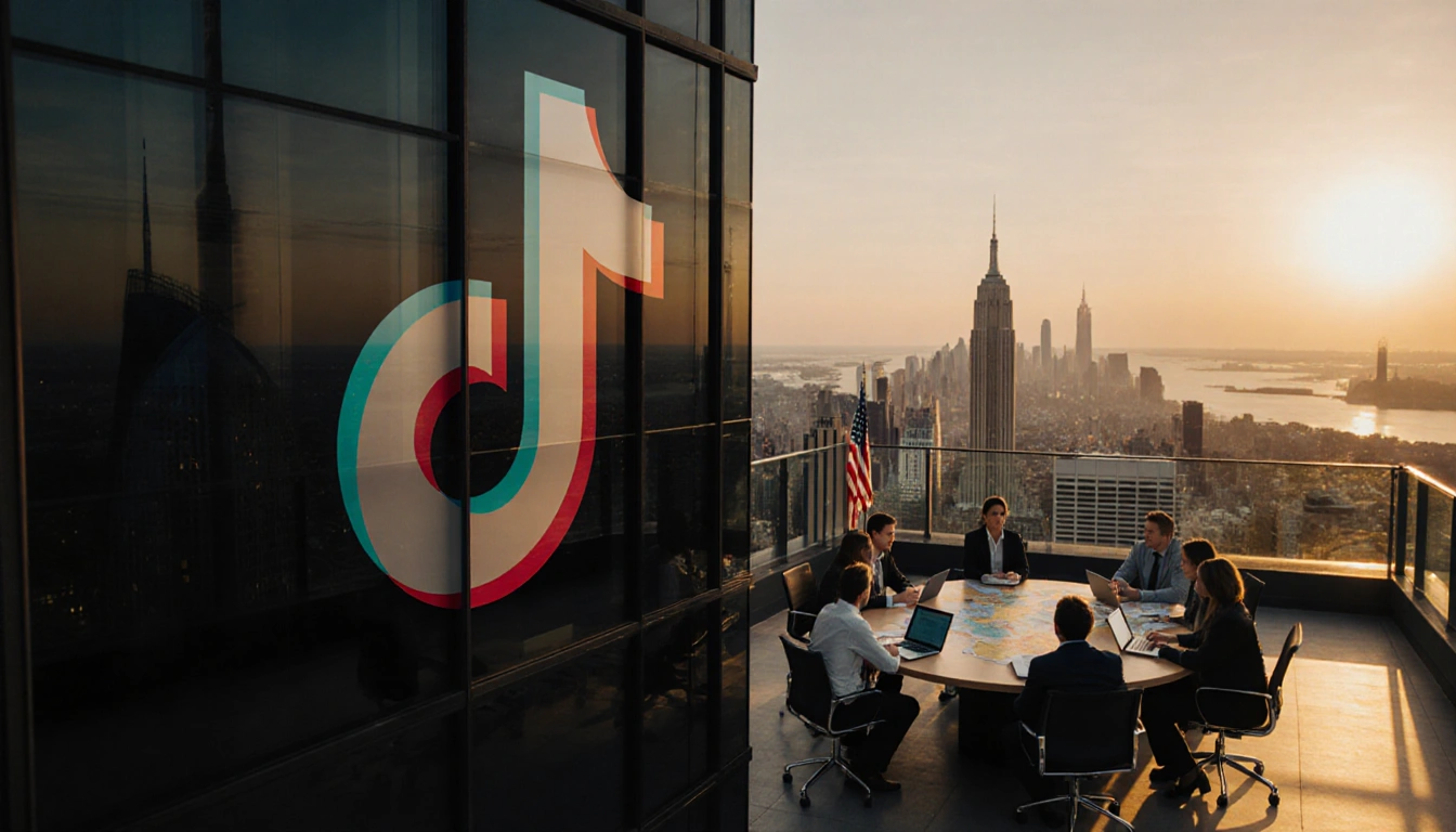 Professionals meeting on a rooftop terrace of a TikTok‑branded skyscraper with laptops and maps under dusk light.