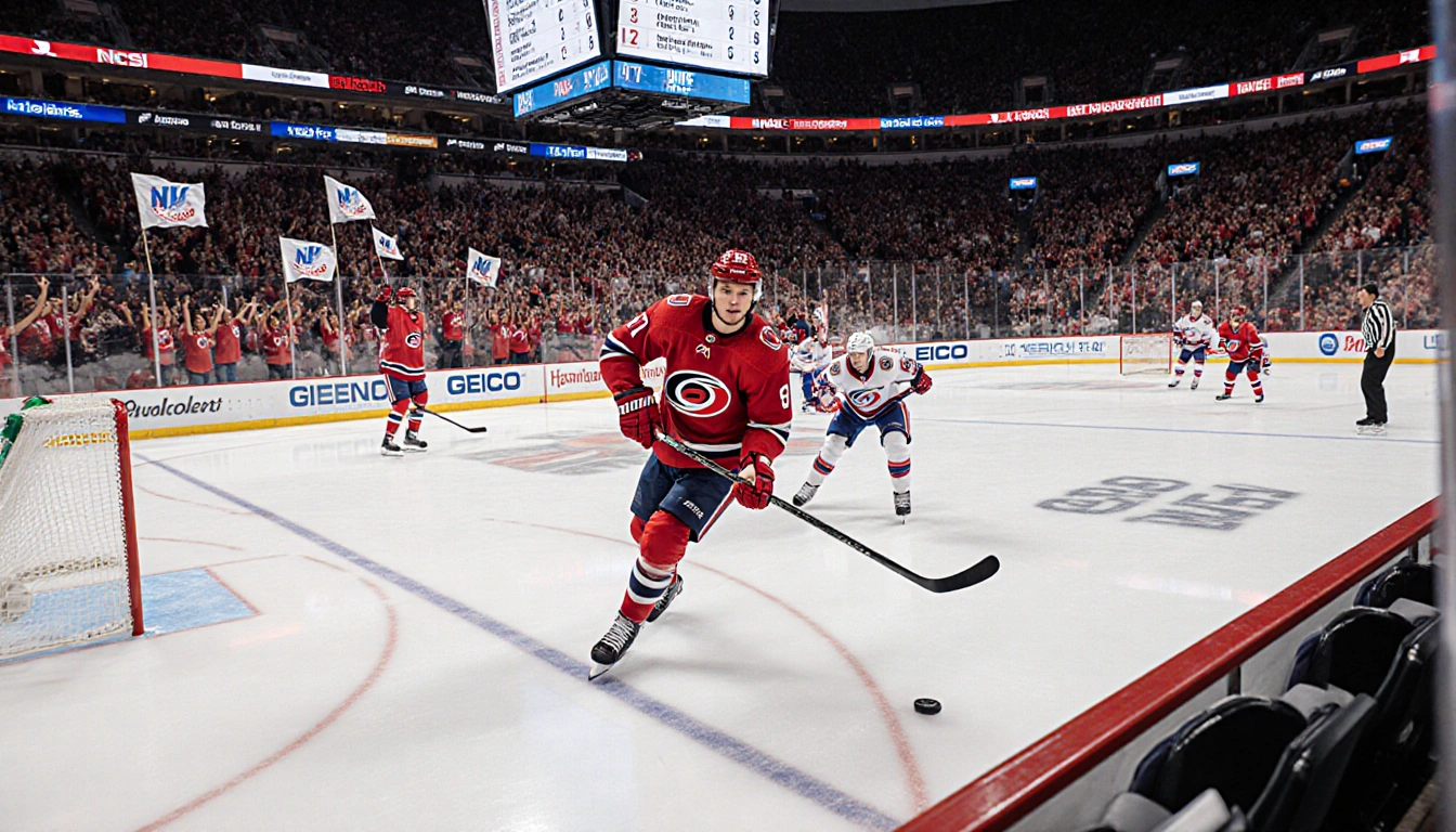 Jaccob Slavin patrolling the blue line as fans cheer and flags wave while scoreboard shows Hurricanes top Metropolitan Divisi