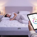 Person in sleepwear lies on mattress adjusting air pressure with hand holding tablet showing SleepIQ 74 near FlexFit base lam