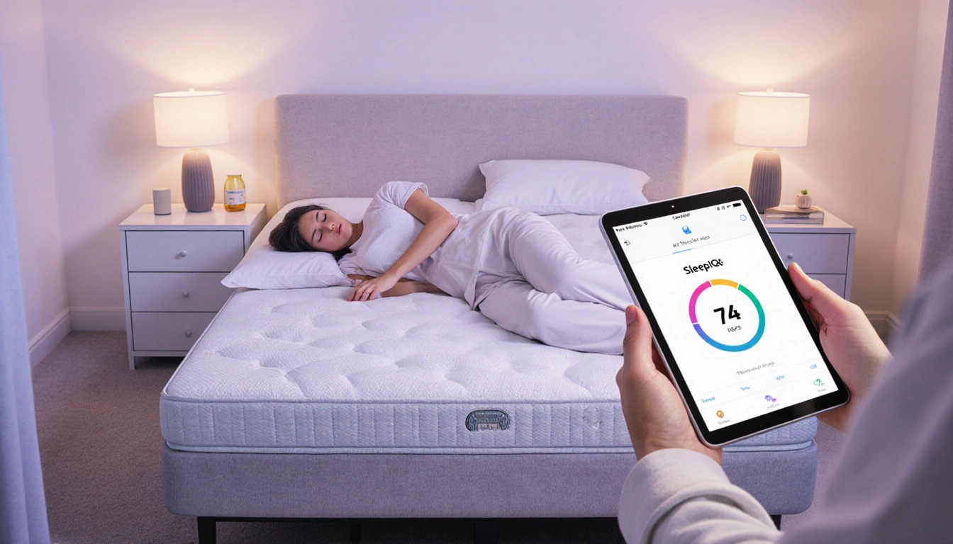 Person in sleepwear lies on mattress adjusting air pressure with hand holding tablet showing SleepIQ 74 near FlexFit base lam