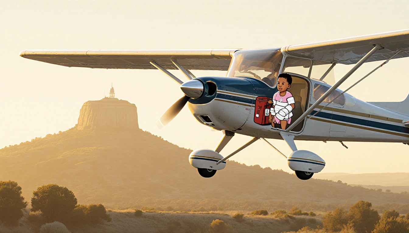 Small aircraft flying over Texas hilltop with a child in a bandage-filled cargo bay and soft golden light