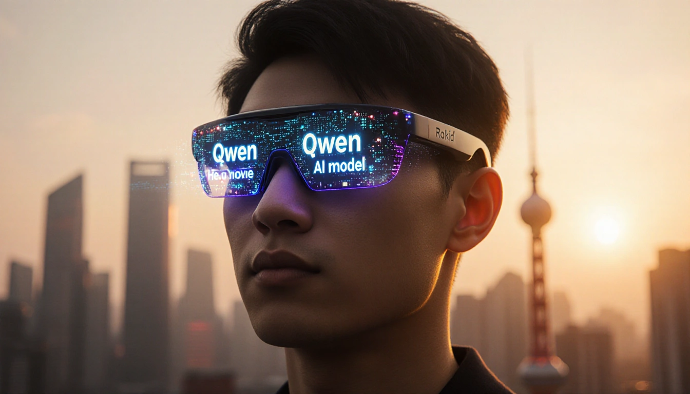 Smart glasses wearer standing in front of sunset cityscape with pulsing AI interface and Chinese architecture.