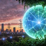 Glowing energy orb pulsates with blue-green hue with solar panels and wind turbines on towers set against sunset cityscape.