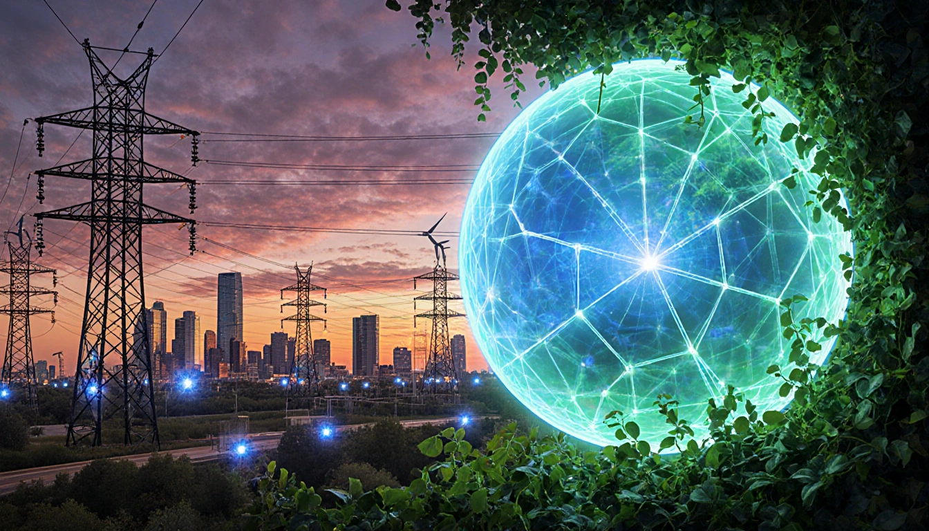 Glowing energy orb pulsates with blue-green hue with solar panels and wind turbines on towers set against sunset cityscape.