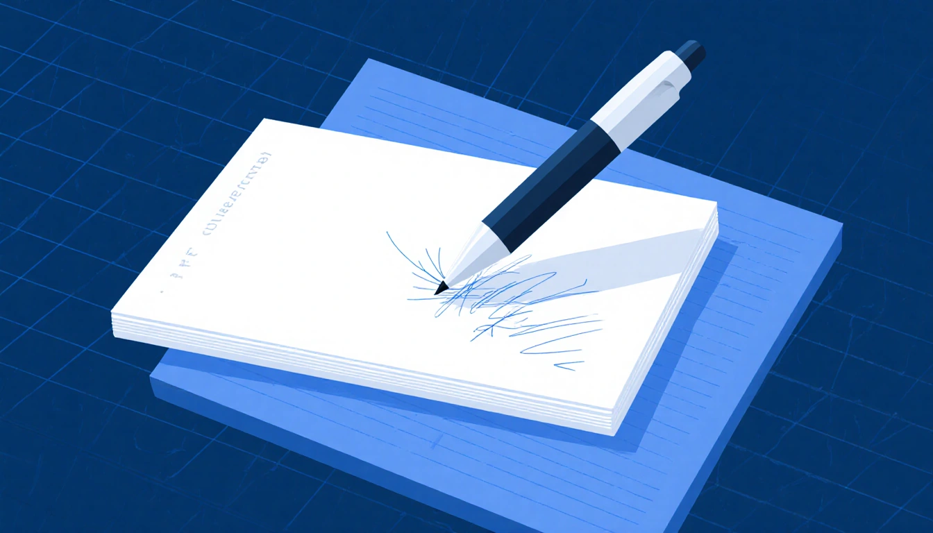 Smart pen floating above notebook page with scribbles blending into text and blue grid background compatibility.