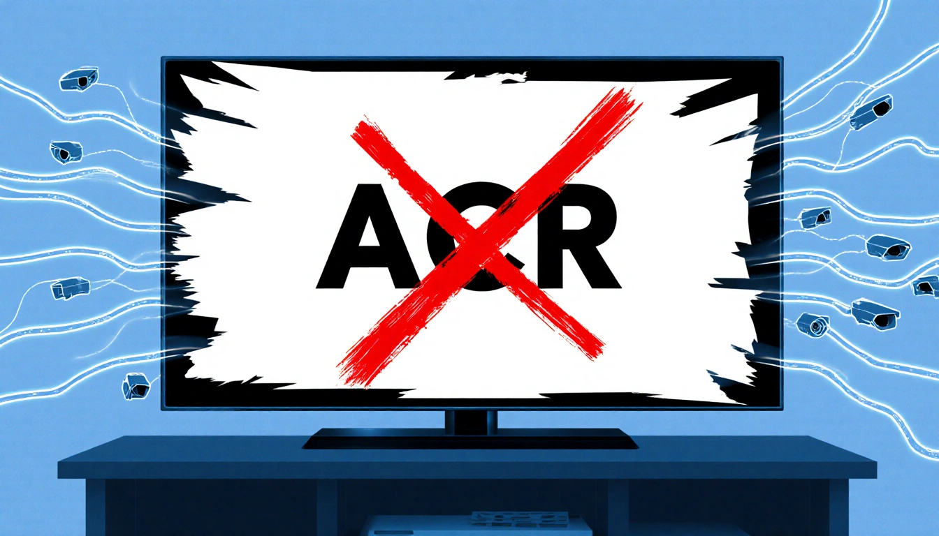 Smart TV shows distorted ACR with red X and glowing surveillance cables implying privacy invasion