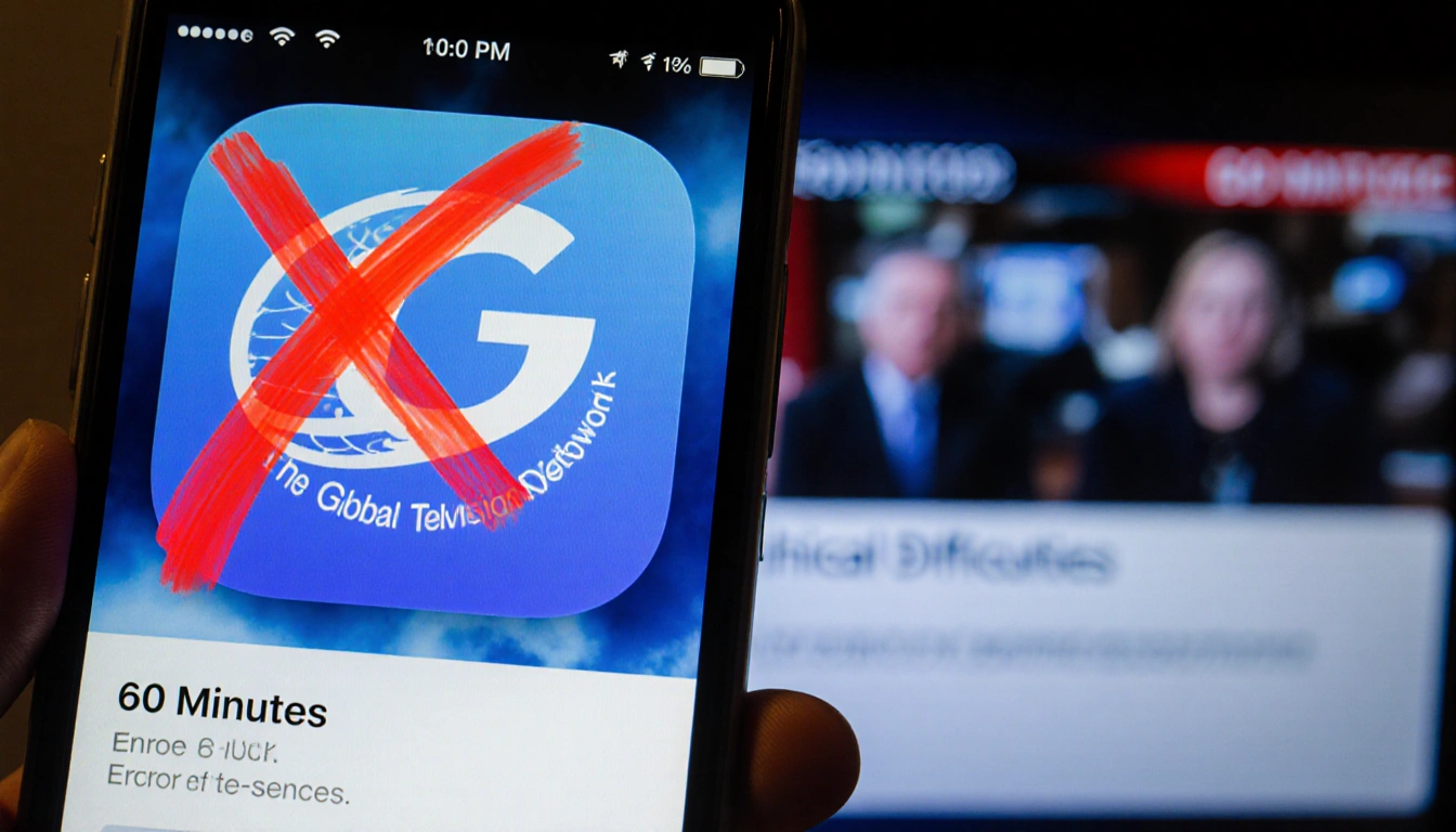 Smartphone screen shows Global Television Network app icon with red X and blurred TV background 60 Minutes error message