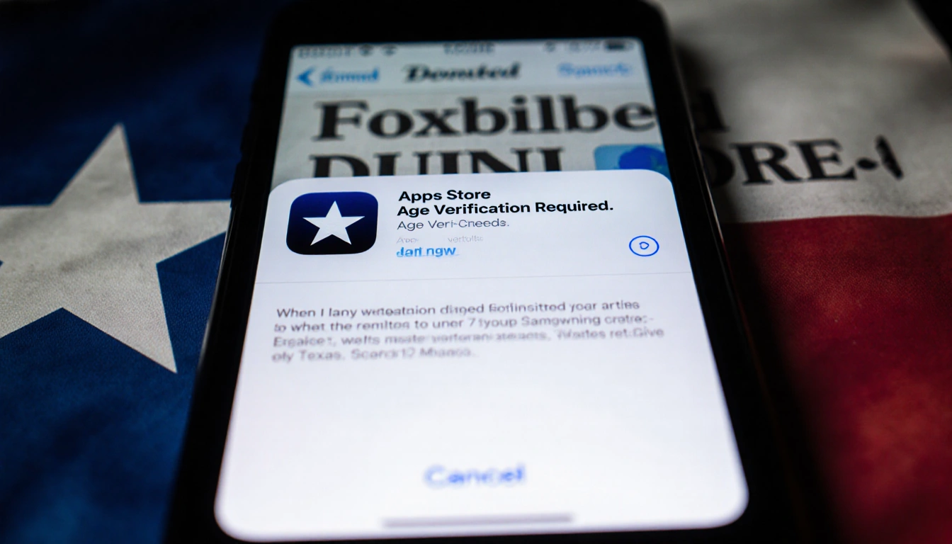 Smartphone screen showing App Store age verification with dim glow and Texas flag blur background.