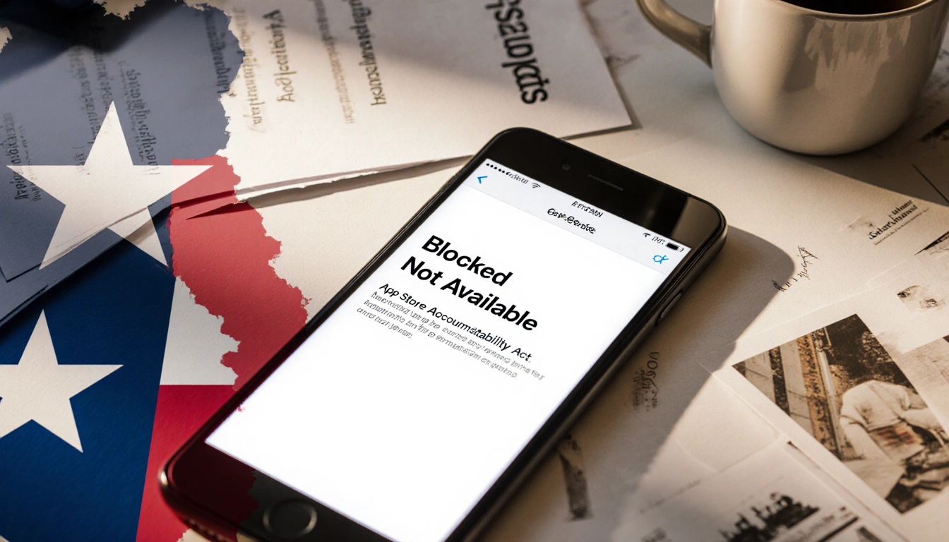 Smartphone screen shows blocked app message with Texas flag overlay and coffee on cluttered desk