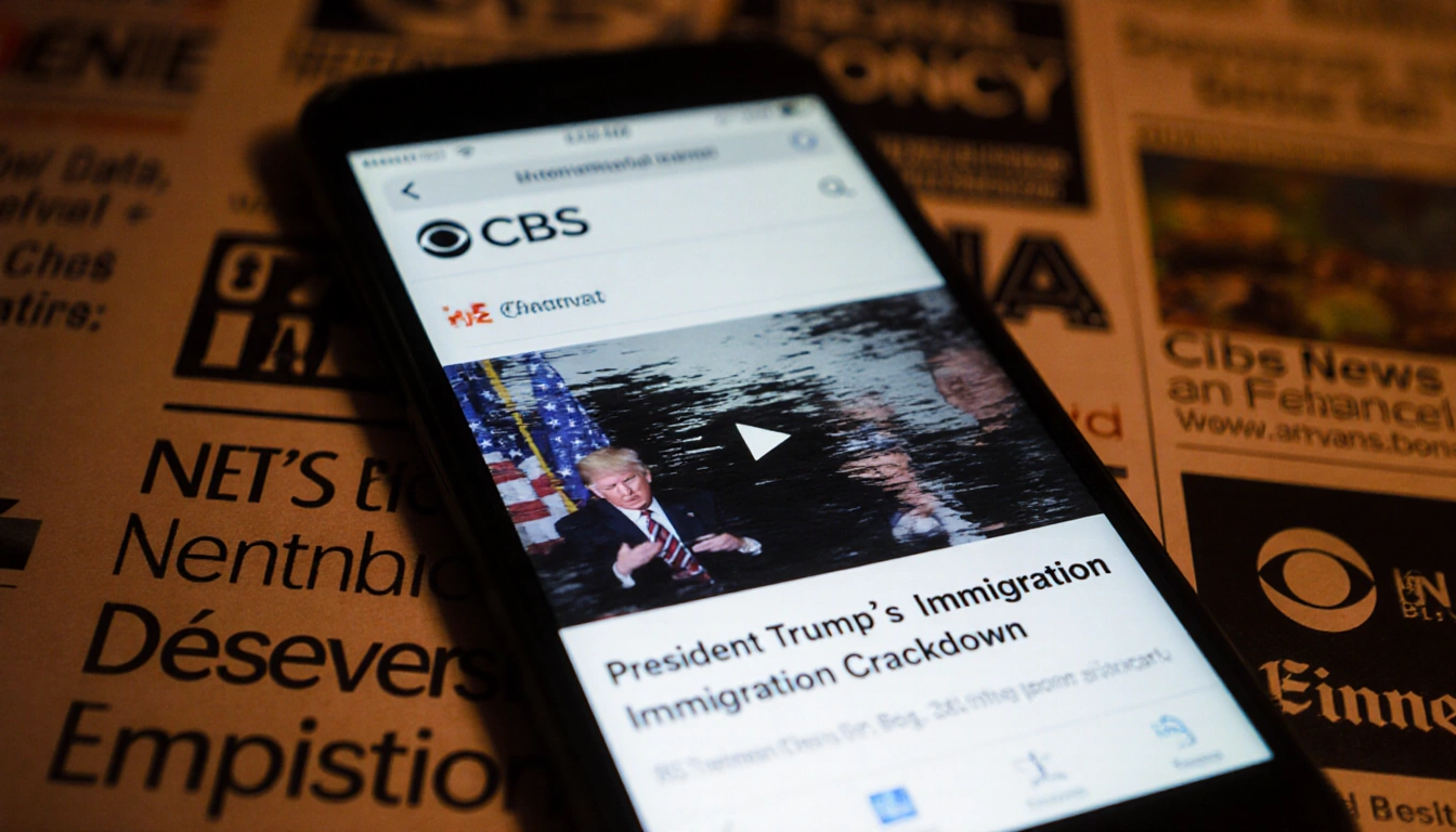 Smartphone screen pauses Trump immigration video with distorted faded effect and blurred news headlines.