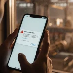 Person holding smartphone with error screen showing