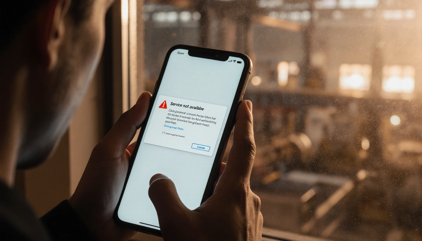 Person holding smartphone with error screen showing