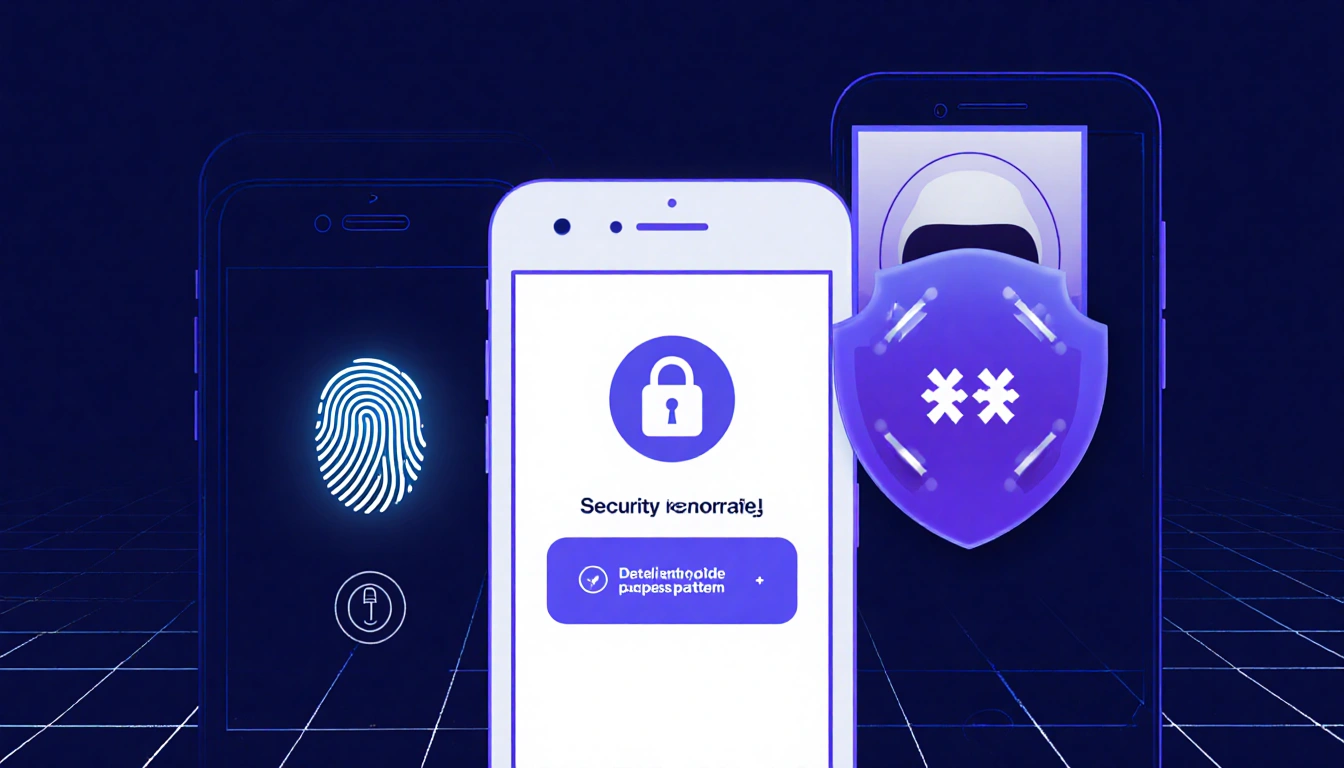 Illustrated smartphone lock screen showing fingerprint scan on Android and face unlock on iPhone with PIN and grid patterns